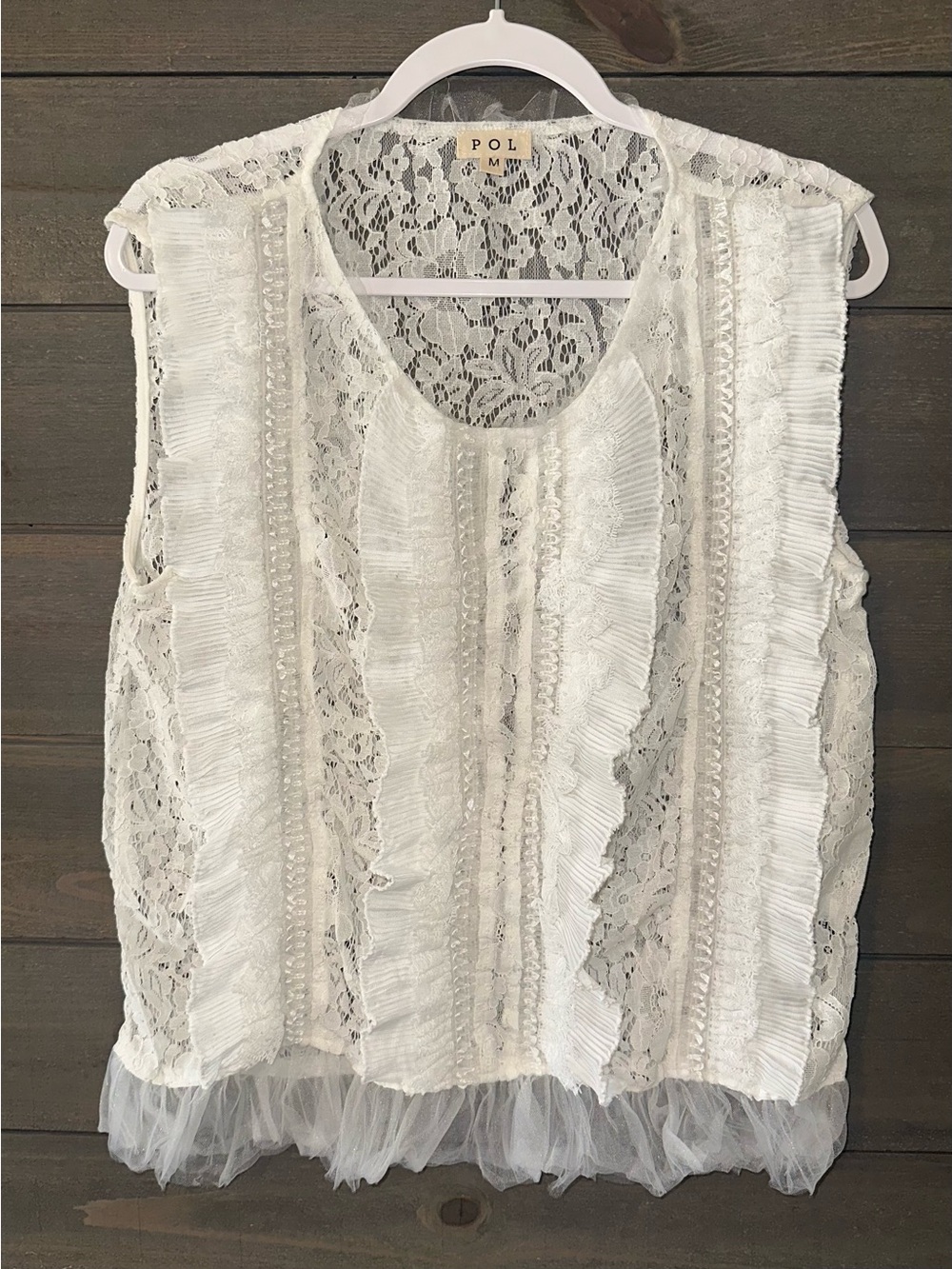 POL NWOT Sleeveless Lace Ruffle Top in White